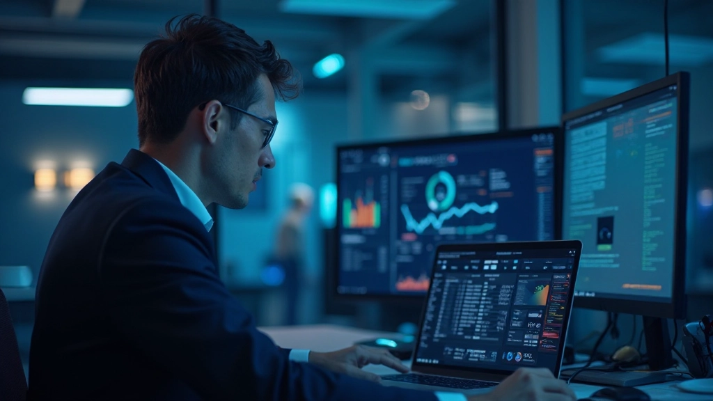 Professionell kvinna arbetar säkert på laptop med säkerhetsfunktioner synliga