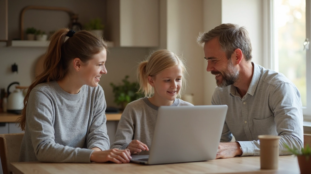 Professionell familj diskuterar digital säkerhet tillsammans hemma