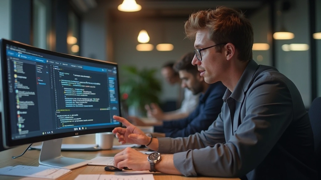Professional explaining privacy settings on computer to colleague