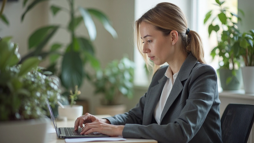 Professional woman working securely on laptop with security features visible