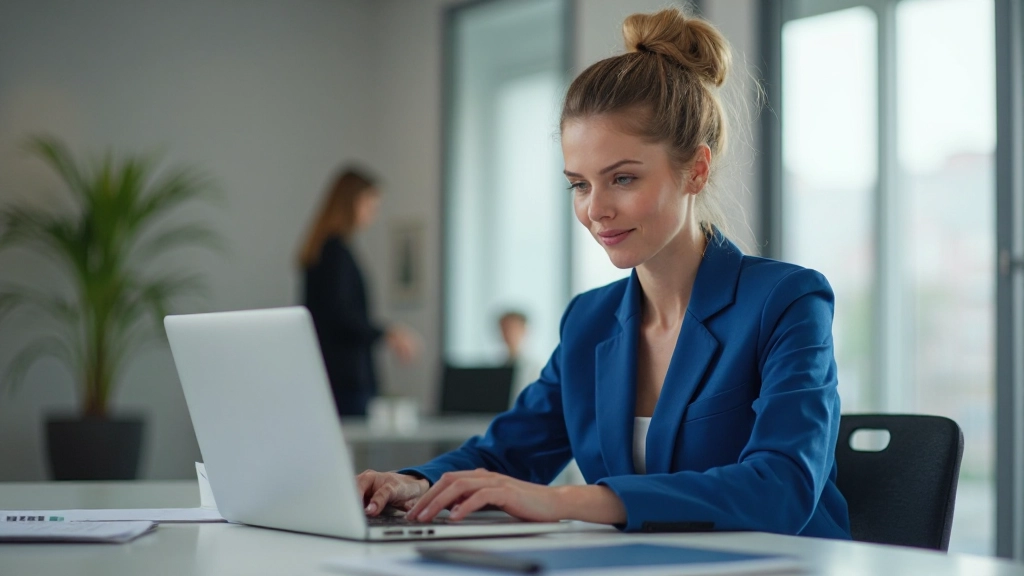 Professionell kvinna arbetar säkert på laptop med säkerhetsfunktioner synliga