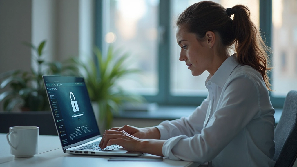 Säker arbetsplats med lösenordshantering på dataskärmen, moderna kontorsmöbler, naturlig belysning från fönster